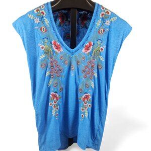 EUC Johnny Was Blue Embroidered Peacock Design Short Sleeve Top